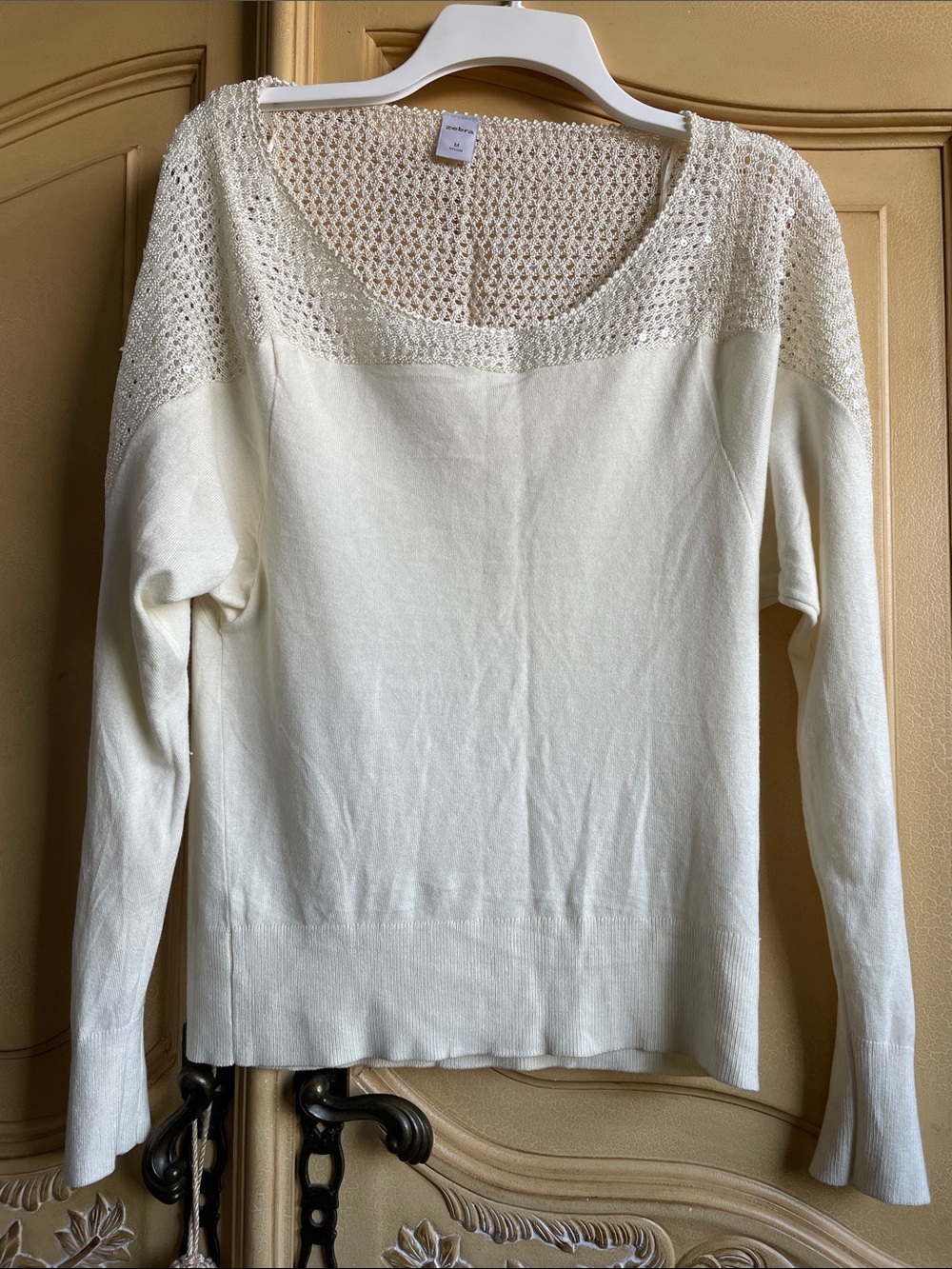 Women's Cream Open-Knit Yoke Crewneck Sweater - Soft Lightweight Knit